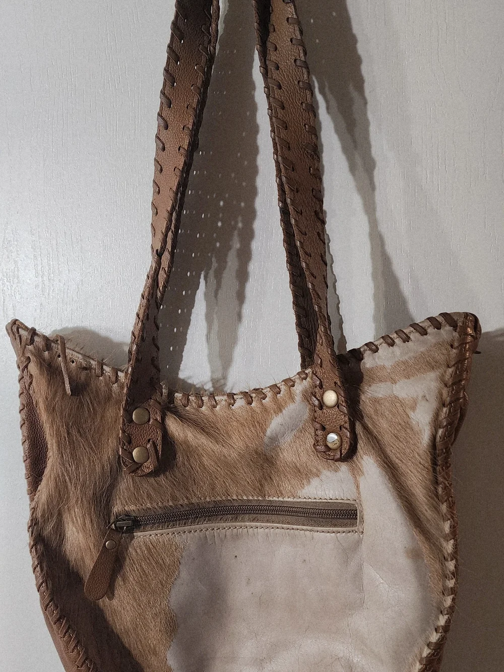 Myra Bag Brown and White Cowhide Shoulder Bag with Braided Leather Straps